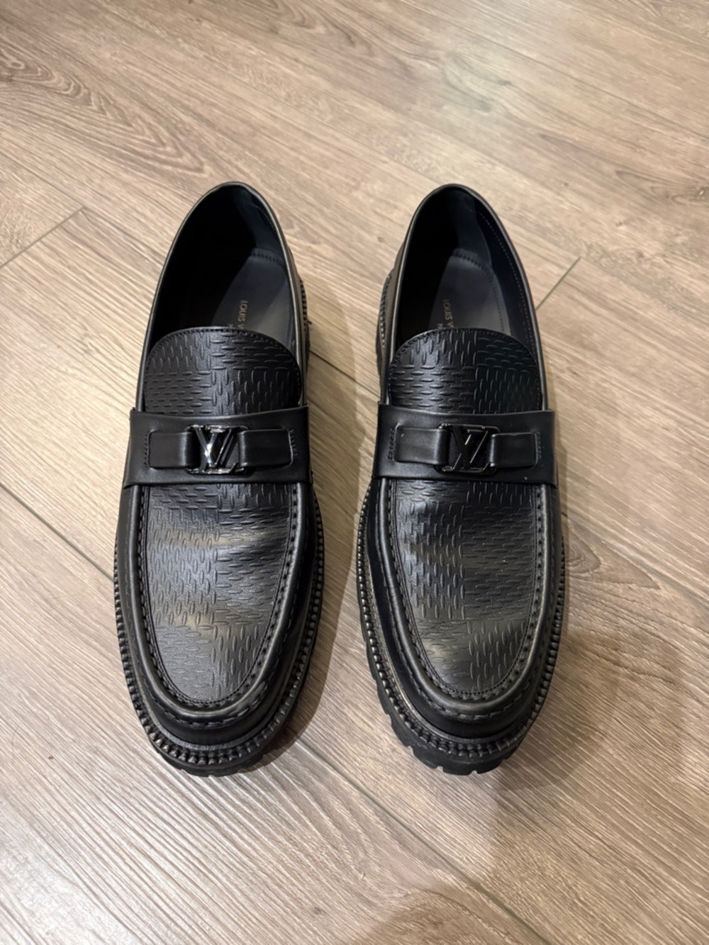 Louis Vuitton Black Embossed Leather Penny Loafers with LV Hardware